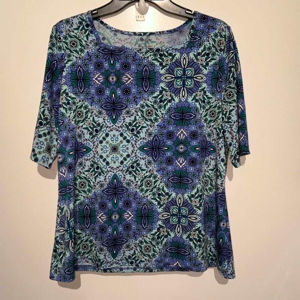 East 5th Womens Blue Green Geometric Paisley Square Neck Short Sleeve Top Medium